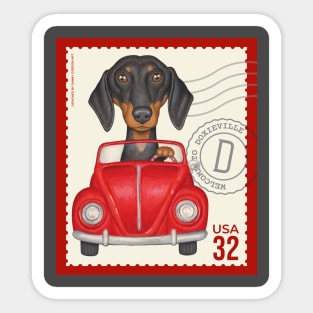 Cute Doxie driving classic red car on vintage stamp Sticker